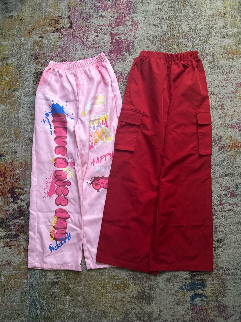 SHEIN Pink Graphic Pullon Pants & Red Cargo-Style Bottoms | Size Large